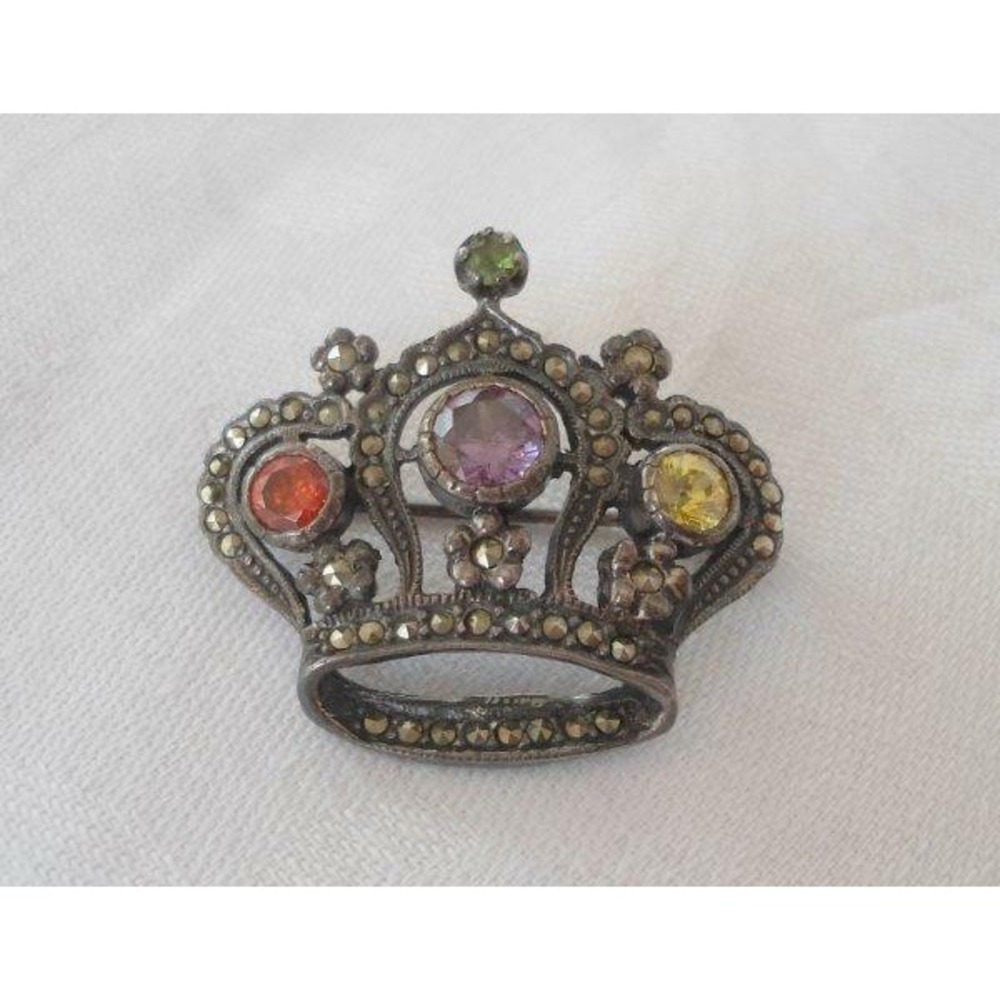 Vintage Sterling Silver Crown Brooch Amethyst Citrine Marcasites Signed